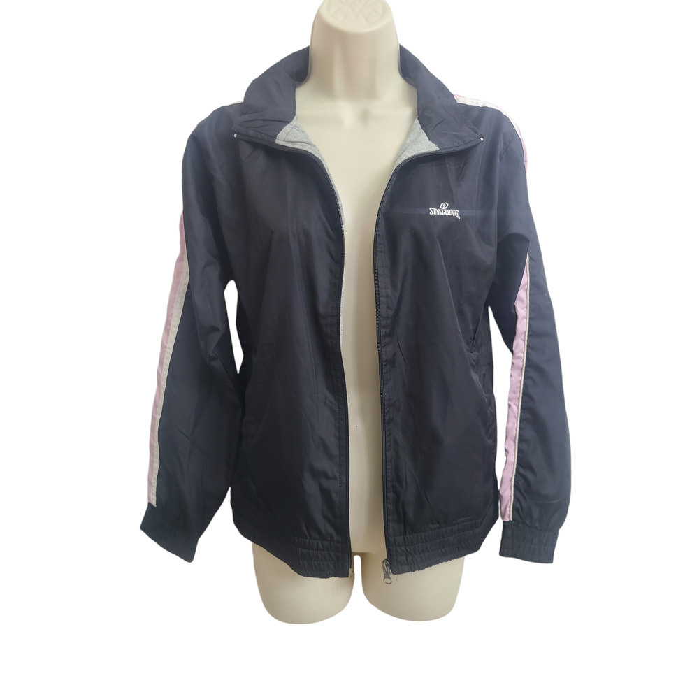 Spalding Womens Windbreaker Jacket Small Black Pink Full Zip Lightweight NWT
